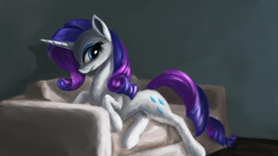 Size: 4000x2250 | Tagged: safe, artist:flusanix, imported from derpibooru, rarity, pony, unicorn, couch, female, looking back, mare, solo