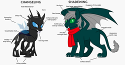 Size: 2500x1300 | Tagged: safe, artist:mlp-trailgrazer, imported from derpibooru, oc, oc:kelvin, changeling, clothes, duo, duo female, female, male, meme, scarf, shadewing, sharp teeth, simple background, teeth, vector, white background