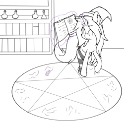 Size: 6000x6000 | Tagged: safe, artist:gnashie, imported from derpibooru, oc, oc only, oc:witchcraft, pony, unicorn, book, bookshelf, chalk, clothes, hat, horn, magic, magic circle, potion, sketch, socks, solo, unicorn oc, witch hat