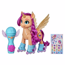 Size: 4845x4845 | Tagged: safe, imported from derpibooru, sunny starscout, alicorn, earth pony, pony, spoiler:my little pony: a new generation, alicornified, female, g5, mare, merchandise, microphone, my little pony: a new generation, official, race swap, roller skates, simple background, sing n skate sunny starscout, solo, sticker, sunnycorn, toy, white background