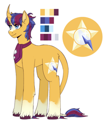 Size: 2219x2604 | Tagged: safe, artist:hahyh, imported from derpibooru, oc, oc only, oc:beaming sun, classical unicorn, pony, unicorn, cloven hooves, coat markings, curved horn, high res, horn, leonine tail, magical gay spawn, offspring, parent:flash sentry, parent:sunburst, parents:flashburst, reference sheet, simple background, socks (coat markings), solo, unshorn fetlocks, white background