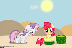 Size: 1500x1000 | Tagged: safe, artist:dtcx97, imported from derpibooru, apple bloom, sweetie belle, earth pony, pony, unicorn, alternate cutie mark, cactus, desert, duo, female, filly, post-crusade