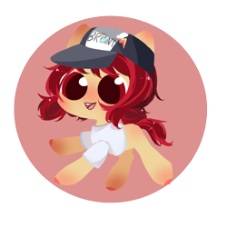 Size: 1000x1000 | Tagged: safe, artist:空空, imported from derpibooru, oc, oc only, oc:conpone, oc:filly anon, earth pony, pony, /mlp/, /mlp/ con, blank flank, blushing, clothes, female, filly, hat, shirt, simple background, solo, t-shirt