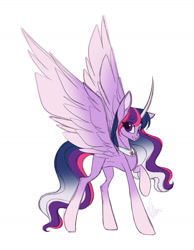 Size: 1027x1321 | Tagged: safe, artist:donnie-moon, imported from derpibooru, twilight sparkle, alicorn, pony, curved horn, female, horn, mare, raised hoof, signature, simple background, solo, twilight sparkle (alicorn), white background, wings