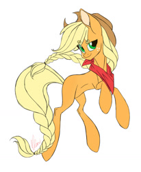 Size: 1230x1496 | Tagged: safe, artist:donnie-moon, imported from derpibooru, applejack, earth pony, pony, braid, female, freckles, hat, mare, neckerchief, rearing, signature, simple background, smiling, solo, white background