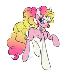 Size: 1280x1446 | Tagged: safe, artist:donnie-moon, imported from derpibooru, pinkie pie, earth pony, pony, :p, alternate hairstyle, female, mare, one eye closed, raised hoof, simple background, solo, tongue out, white background, wink