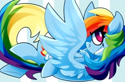 Size: 3401x2230 | Tagged: safe, artist:nekosnicker, imported from derpibooru, rainbow dash, pegasus, pony, flying, high res, smiling, solo