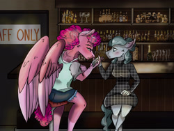 Size: 2048x1536 | Tagged: safe, artist:artfestation, imported from derpibooru, cloudy quartz, oc, anthro, earth pony, pegasus, pony, bar, clothes, duo, female, indoors, lesbian, pegasus oc, poearth pony, shorts, stool, wings