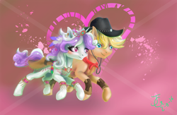 Size: 4000x2600 | Tagged: safe, alternate version, artist:joan-grace, imported from derpibooru, oc, oc only, earth pony, pony, abstract background, blushing, duo, earth pony oc, eyelashes, female, hat, male, mare, running, signature, stallion