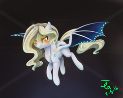 Size: 2000x1600 | Tagged: safe, artist:joan-grace, imported from derpibooru, oc, oc only, bat pony, pony, bat alicorn oc, bat pony oc, bat wings, blushing, flying, signature, solo, wings