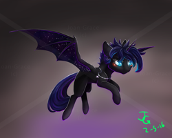 Size: 2000x1600 | Tagged: safe, artist:joan-grace, imported from derpibooru, oc, oc only, alicorn, bat pony, bat pony alicorn, pony, abstract background, bat pony oc, bat wings, blushing, flying, horn, jewelry, necklace, signature, solo, starry wings, wings