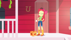 Size: 3410x1920 | Tagged: safe, imported from derpibooru, screencap, apple bloom, equestria girls, equestria girls series, holidays unwrapped, spoiler:eqg series (season 2), apple bloom's bow, boots, bow, clothes, eyes closed, female, hair bow, hand on hip, shoes, smiling, solo, the cider louse fools