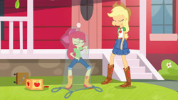 Size: 3410x1920 | Tagged: safe, imported from derpibooru, screencap, apple bloom, applejack, equestria girls, equestria girls series, holidays unwrapped, spoiler:eqg series (season 2), apple bloom's bow, applejack's hat, belt, boots, bow, clothes, cowboy boots, cowboy hat, cutie mark, cutie mark on clothes, denim skirt, eyes closed, female, geode of super strength, hair bow, hat, jewelry, magical geodes, necklace, shoes, skirt, smiling, the cider louse fools