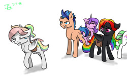 Size: 1000x600 | Tagged: safe, artist:joan-grace, imported from derpibooru, oc, oc only, oc:prism, oc:spectrum, earth pony, pegasus, pony, angry, bag, crying, earth pony oc, female, male, mare, multicolored hair, offspring, parent:rainbow dash, parent:soarin', parents:soarindash, rainbow hair, saddle bag, signature, simple background, stallion, white background, wings