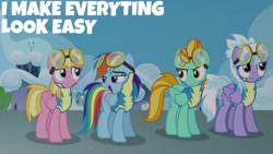 Size: 1280x720 | Tagged: safe, edit, edited screencap, editor:quoterific, imported from derpibooru, screencap, cloudchaser, lightning dust, meadow flower, rainbow dash, pegasus, pony, season 3, wonderbolts academy, female, goggles, mare, open mouth, smiling