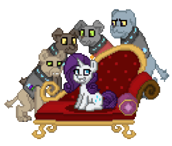 Size: 780x660 | Tagged: safe, artist:slybotz, imported from derpibooru, fido, rarity, rover, spot, diamond dog, pony, unicorn, pony town, a dog and pony show, season 1, couch, fainting couch, female, gif, male, mare, meme, non-animated gif, parody, piper perri surrounded, pixel art, ponified meme, scene parody, simple background, sitting, transparent background