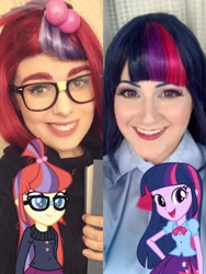 Size: 1717x2286 | Tagged: safe, artist:maddymoiselle, artist:sarahndipity cosplay, imported from derpibooru, moondancer, twilight sparkle, human, equestria girls, clothes, cosplay, costume, glasses, grin, irl, irl human, looking at you, photo, smiling