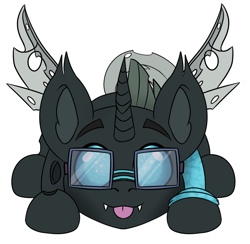 Size: 1254x1226 | Tagged: safe, alternate version, artist:rokosmith26, imported from derpibooru, oc, oc only, oc:tarsi, changeling, pony, :p, alternate character, changeling oc, chibi, clothes, commission, cute, ear fluff, eyebrows, glasses, horn, leg warmers, looking at you, lying down, male, simple background, solo, spread wings, stallion, teeth, tongue out, transparent background, wings, ych result