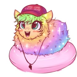 Size: 400x400 | Tagged: safe, artist:falafeljake, imported from derpibooru, oc, oc only, pony, fluffy, green eyes, hat, inner tube, maga hat, open mouth, open smile, princesto con, simple background, smiling, solo, white background