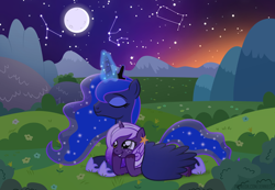 Size: 1200x828 | Tagged: safe, artist:jennieoo, imported from derpibooru, princess luna, oc, oc:midnight twinkle, alicorn, pony, unicorn, constellation, crown, field, jewelry, lying down, magic, moon, mountain, princess, regalia, show accurate, smiling, sunset, vector