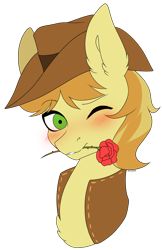 Size: 2498x3855 | Tagged: safe, artist:torihime, imported from derpibooru, braeburn, earth pony, pony, blushing, bust, commission, flower, flower in mouth, high res, looking at you, male, mouth hold, one eye closed, portrait, rose, rose in mouth, solo, wink, winking at you, ych result