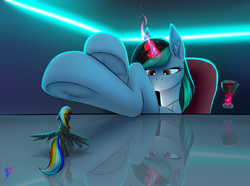 Size: 4162x3102 | Tagged: safe, artist:skanim-sdw, imported from derpibooru, oc, oc only, oc:chrystal, oc:darky wings, pegasus, pony, unicorn, reflections, spoiler:comic, alcohol, duo, duo female, female, females only, fetish, hoof fetish, looking at phone, macro, magic, micro, neon, phone, reflection, underhoof, wine