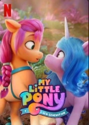Size: 262x365 | Tagged: safe, imported from derpibooru, screencap, izzy moonbow, sunny starscout, earth pony, unicorn, duo, g5, logo, looking at each other, misleading thumbnail, my little pony logo, netflix, out of context, pony history, shipping fuel