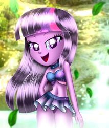 Size: 1700x2000 | Tagged: safe, artist:aryatheeditor, imported from derpibooru, twilight sparkle, equestria girls, adorasexy, ass, bare shoulders, beautiful, bedroom eyes, belly button, breasts, bust, butt, clothes, cute, digital art, female, forest, high res, hips, jewelry, legs together, looking at you, magical geodes, midnight sparkle, midriff, miniskirt, outfit, panties, pose, purple hair, regalia, river, schrödinger's pantsu, sexy, shiny, skirt, sleeveless, smiling, smiling at you, solo, swimsuit, thigh gap, thighs, underwear