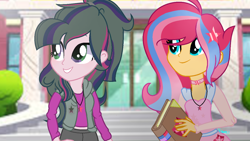 Size: 1274x720 | Tagged: safe, artist:amicasecretuwu, imported from derpibooru, oc, oc:aelita blacklight, oc:shimmering sunrise, equestria girls, offspring, parent:flash sentry, parent:sunset shimmer, parent:timber spruce, parent:twilight sparkle, parents:flashimmer, parents:timbertwi