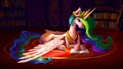 Size: 1920x1080 | Tagged: safe, artist:plainoasis, imported from derpibooru, princess celestia, princess luna, alicorn, pony, book, bookshelf, carpet, crossed arms, crown, cute, cutelestia, female, horn, jewelry, lying down, mare, pink eyes, reading, regalia, rug, smiling, solo, spread wings, wings