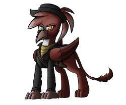 Size: 2400x2000 | Tagged: safe, artist:somber, imported from derpibooru, oc, oc only, oc:soap sawbones, griffon, clothes, female, griffon oc, gun, hat, heterochromia, high res, solo, weapon