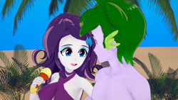 Size: 1920x1080 | Tagged: safe, artist:hornydogo, imported from derpibooru, rarity, spike, human, equestria girls, 3d, beach, bocas top, breasts, female, koikatsu, male, male nipples, nipples, shipping, sparity, straight