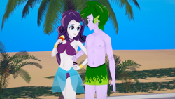 Size: 1920x1080 | Tagged: safe, artist:hornydogo, imported from derpibooru, rarity, spike, human, equestria girls, 3d, beach, bocas top, breasts, clothes, female, koikatsu, legs together, male, male nipples, nipples, rarity's beach shorts swimsuit, sarong, shipping, sparity, straight, swim trunks, swimming trunks, swimsuit