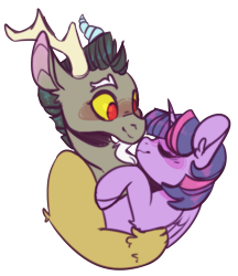 Size: 1055x1221 | Tagged: safe, artist:chyoatas, imported from derpibooru, discord, twilight sparkle, alicorn, draconequus, pegasus, blushing, cute, discolight, discute, embrace, female, hug, kiss, kissing, male, nose kiss, shipping, simple background, straight, transparent background, twilight sparkle (alicorn)