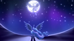 Size: 2910x1640 | Tagged: safe, artist:rainblueart, imported from derpibooru, princess celestia, princess luna, alicorn, female, mare in the moon, moon, royal sisters, siblings, sisters