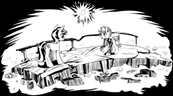Size: 4256x2364 | Tagged: safe, artist:lexx2dot0, imported from derpibooru, oc, oc only, oc:blackjack, oc:scotch tape, earth pony, pony, unicorn, fallout equestria, fallout equestria: project horizons, series:ph together we reread, black and white, butt, clothes, duo, fanfic art, female, grayscale, high res, horn, jumpsuit, mare, monochrome, plot, small horn, vault security armor, vault suit