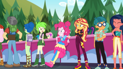Size: 1397x786 | Tagged: safe, imported from derpibooru, screencap, cherry crash, desert sage, dj pon-3, doodle bug, fluttershy, garden grove, laurel jade, pinkie pie, raspberry lilac, sandalwood, sci-twi, sunset shimmer, twilight sparkle, vinyl scratch, equestria girls, equestria girls series, sunset's backstage pass!, spoiler:eqg series (season 2), ass, background human, backpack, bare shoulders, butt, clothes, crossed arms, feet, geode of sugar bombs, geode of telekinesis, glasses, laurel booty, magical geodes, pants, pantyhose, rear view, sandals, sleeveless, smiling, strapless
