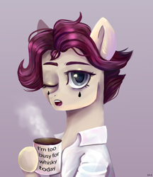 Size: 2000x2316 | Tagged: safe, artist:ske, imported from derpibooru, oc, oc only, earth pony, pony, clothes, coffee, coffee cup, coffee mug, commission, cup, high res, mug, purple background, shirt, simple background, sleepless, solo