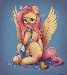 Size: 2597x2903 | Tagged: safe, artist:muhomora, imported from derpibooru, fluttershy, bird, duck, pegasus, pony, blushing, blushing profusely, covering, emanata, female, high res, mare, open mouth, rubber duck, shy, sitting, solo, speech bubble, spread wings, startled, three quarter view, towel, unshorn fetlocks, water, water droplet, wet, wings