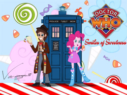 Size: 1280x960 | Tagged: safe, artist:edcom02, artist:vanossfan10, imported from derpibooru, doctor whooves, pinkie pie, time turner, equestria girls, candy, candy cane, candy corn, clothes, cotton candy, doctor who, food, fourth doctor, fourth doctor's scarf, hat, jelly babies, logo, lollipop, scarf, striped scarf, tardis, the doctor, title card, tom baker, tom baker's scarf