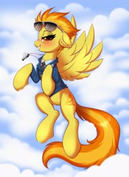 Size: 2979x4096 | Tagged: safe, artist:confetticakez, imported from derpibooru, spitfire, pegasus, pony, blushing, clothes, cloud, cloudy, female, looking at you, mare, solo, spitfire's whistle, sunglasses, sunglasses on head, uniform, whistle, wings, wonderbolts dress uniform