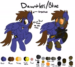 Size: 2048x1820 | Tagged: safe, artist:memeancholy, imported from derpibooru, oc, oc only, oc:dauntless, pegasus, pony, fallout equestria, armor, battle saddle, clothes, flying, looking back, reference sheet, simple background, solo, white background