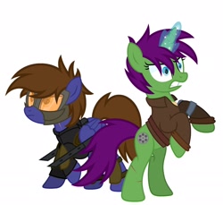 Size: 2048x1877 | Tagged: dead source, source needed, useless source url, safe, artist:memeancholy, artist:ponkus, imported from derpibooru, oc, oc:dauntless, oc:six-shooter, pegasus, pony, unicorn, fallout equestria, angry, armor, battle saddle, bipedal, clothes, dashite, duo, duo female, female, gloves, magic, magic aura, simple background, telekinesis, white background