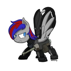Size: 2000x2000 | Tagged: safe, artist:memeancholy, imported from derpibooru, pegasus, pony, fallout equestria, armor, battle saddle, clothes, enclave, high res, looking back, power armor, solo