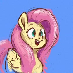 Size: 2048x2048 | Tagged: safe, artist:dummyhorse, artist:phutashi, imported from derpibooru, fluttershy, pegasus, pony, blue background, bust, cute, female, folded wings, high res, mare, open mouth, open smile, portrait, shyabetes, simple background, sketch, smiling, solo, three quarter view, wings