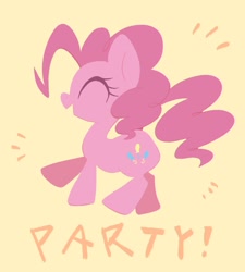 Size: 1739x1932 | Tagged: safe, artist:noupu, imported from derpibooru, pinkie pie, earth pony, pony, eyes closed, female, happy, mare, open mouth, open smile, party, simple background, smiling, solo, text, yellow background