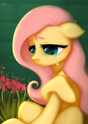 Size: 6300x8910 | Tagged: safe, artist:ottava, imported from derpibooru, fluttershy, pegasus, pony, absurd resolution, crying, female, floppy ears, flower, fluttercry, looking away, looking down, mare, sad, sitting, solo, teary eyes, three quarter view