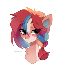 Size: 1800x2100 | Tagged: safe, artist:zlatavector, imported from derpibooru, oc, oc only, earth pony, pony, blushing, bust, female, fluffy, mare, pigtails, portrait, shy, solo