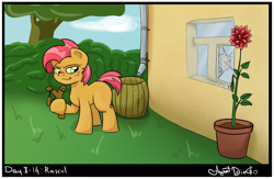 Size: 1306x851 | Tagged: safe, artist:agent-diego, imported from derpibooru, babs seed, earth pony, pony, digital art, female, filly, flower, slingshot, tree, window