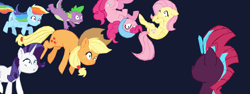 Size: 1280x482 | Tagged: safe, artist:benpictures1, artist:chedx, imported from derpibooru, imported from ponybooru, applejack, fluttershy, pinkie pie, rainbow dash, rarity, spike, tempest shadow, dragon, earth pony, pegasus, pony, unicorn, comic:the storm kingdom, my little pony: the movie, applejack's hat, bad end, captured, clothes, cowboy hat, crystal of light, cute, dashabetes, diapinkes, ears, female, floppy ears, general tempest shadow, hat, helmet, inkscape, jackabetes, mare, open mouth, raribetes, shocked, shocked expression, shyabetes, upside down, vector, wavy mouth